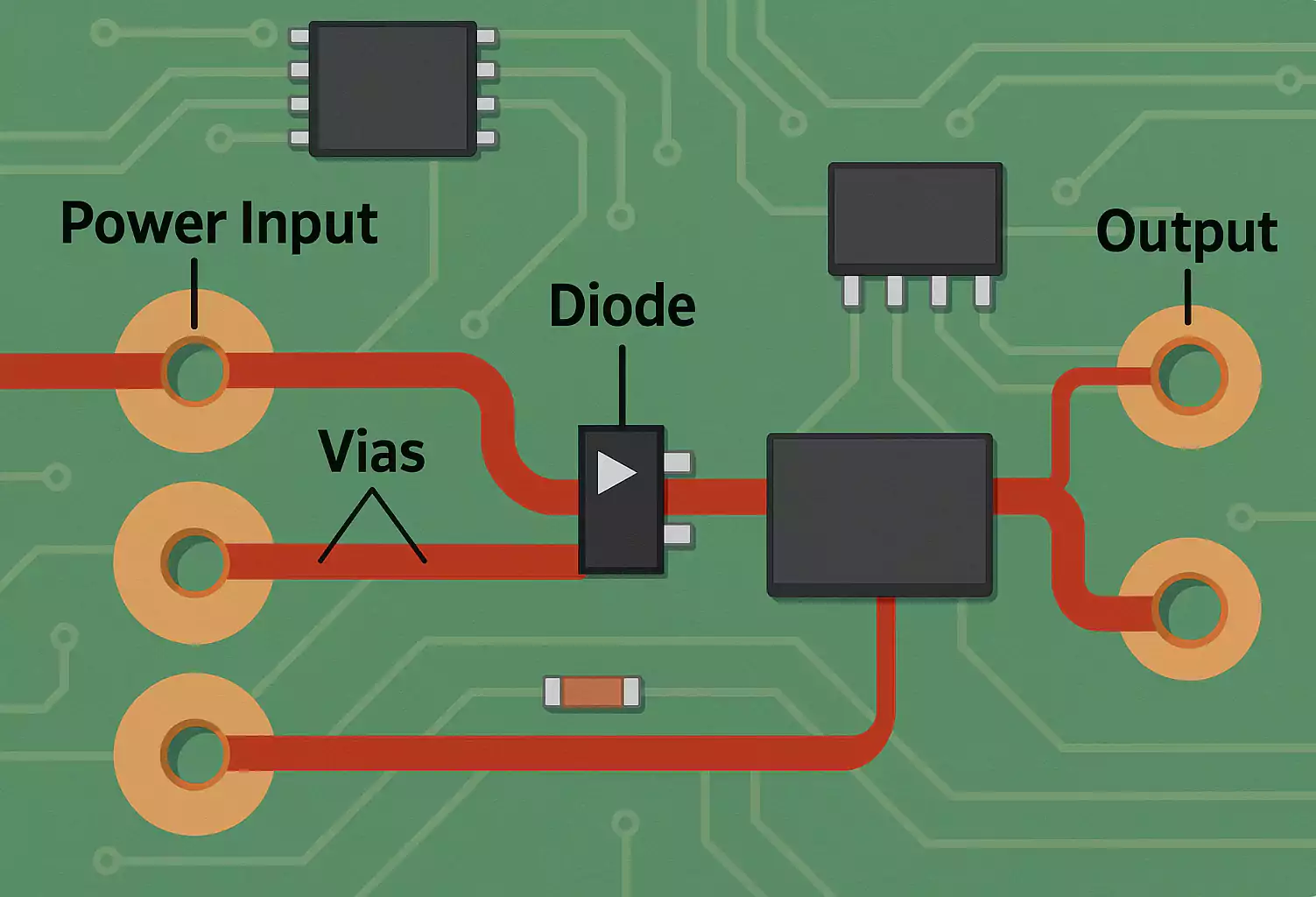 Power path on a PCB showing input, diode, regulator, and output