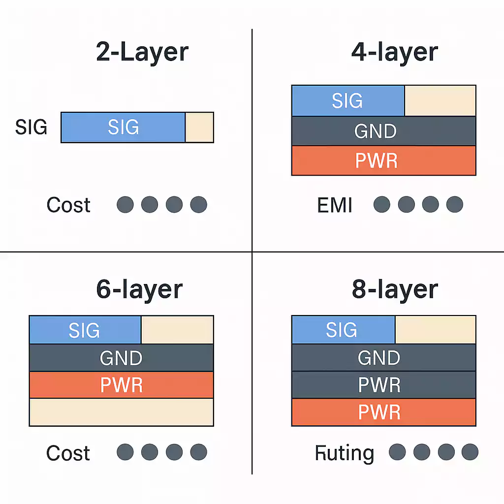 Diagram comparing 2-layer, 4-layer, 6-layer, and 8-layer PCB stack-ups.