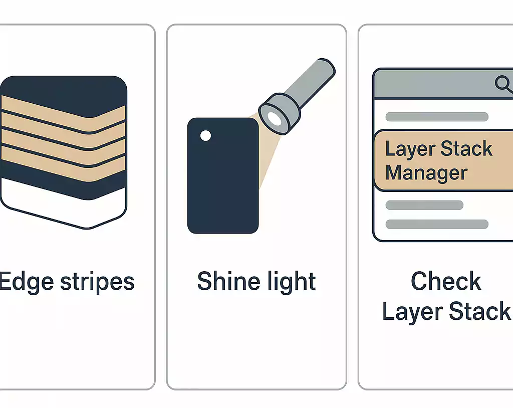 Three methods to identify PCB layers: edge view, flashlight test, and CAD stack manager