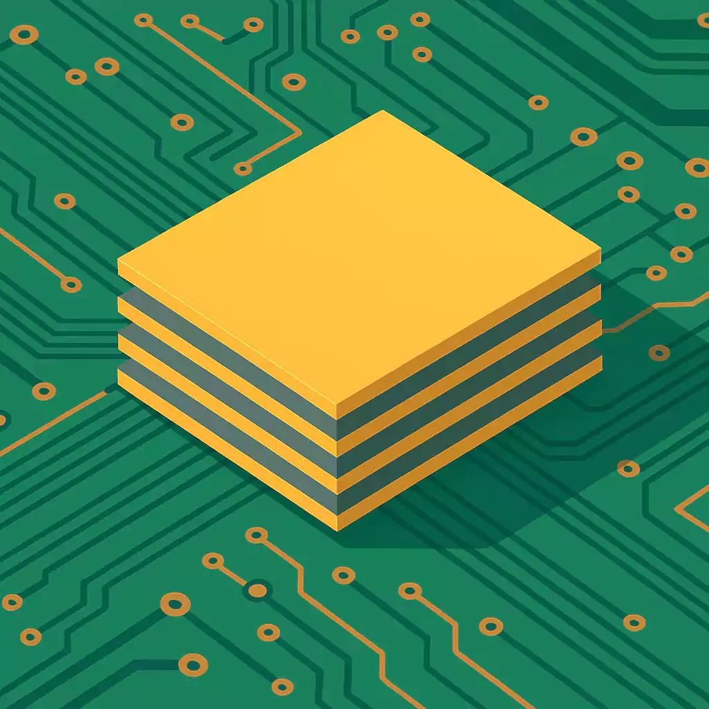 Stylized 3D stack of PCB layers on a green circuit board background with copper traces
