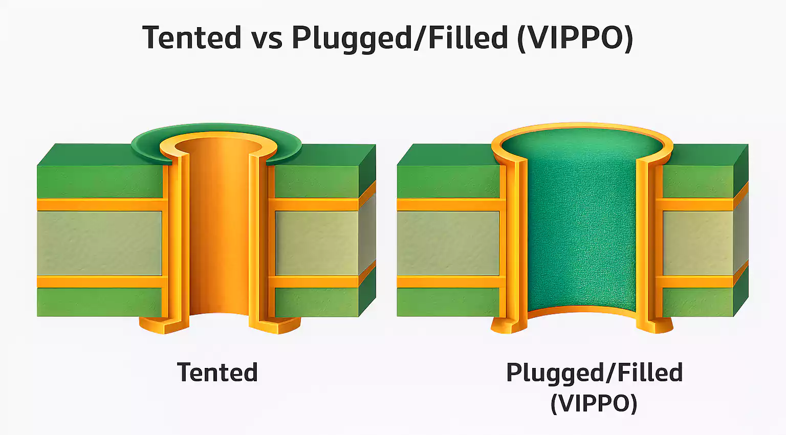 Comparison of tented via and plugged/filled VIPPO via in cross-section