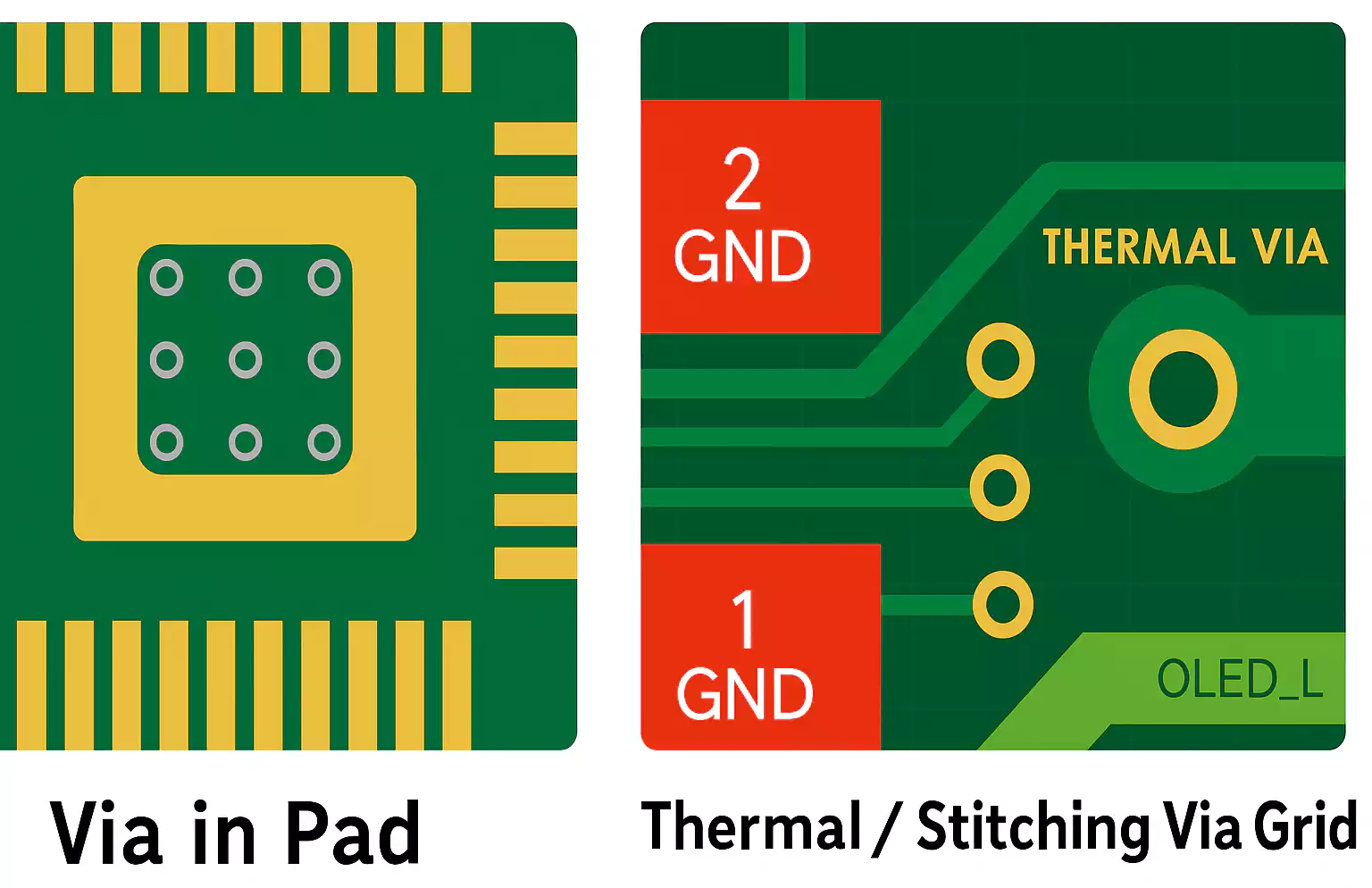 PCB layout showing via-in-pad and thermal/stitching via grid