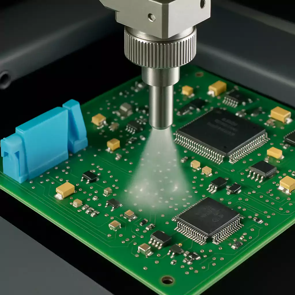 Selective spray nozzle applying conformal coating on PCB
