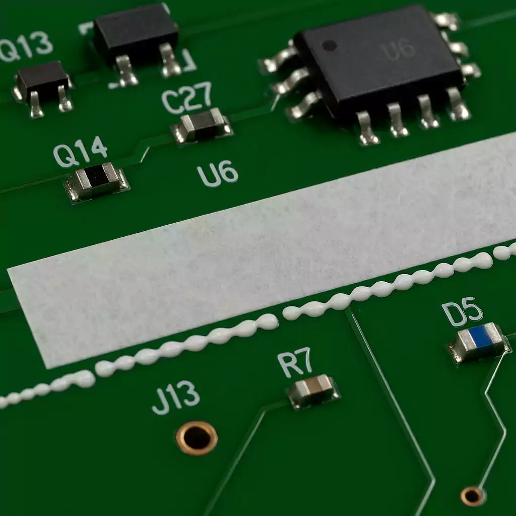 Masking tape and coating beads on a PCB surface
