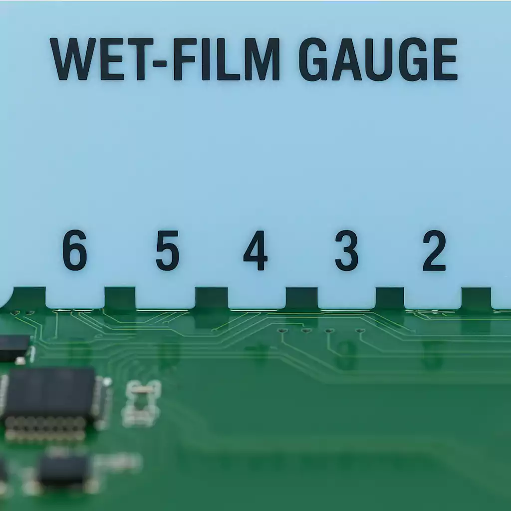 Wet-film gauge checking coating thickness on PCB