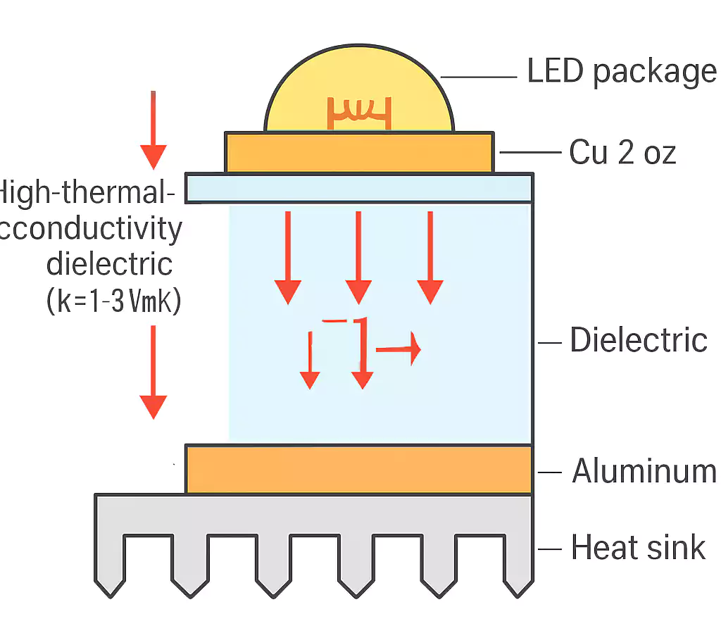 Cross-section of an LED MCPCB showing heat flow through copper, dielectric, and aluminum base