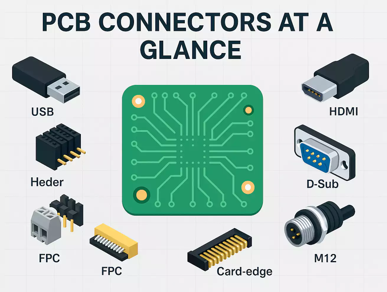 PCB connectors overview around a green PCB: USB, RJ45, headers, FPC, card-edge, M12