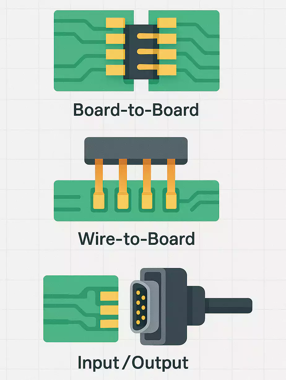 Infographic showing board-to-board, wire-to-board, and I/O PCB connection styles