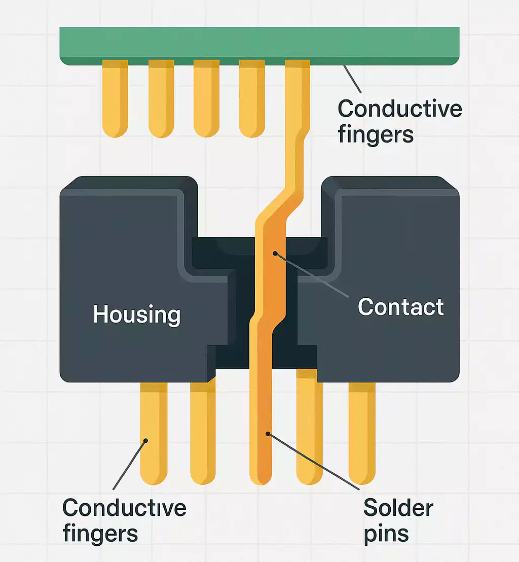 Card-edge connector cross-section with gold fingers, key notch, contacts, and solder pins
