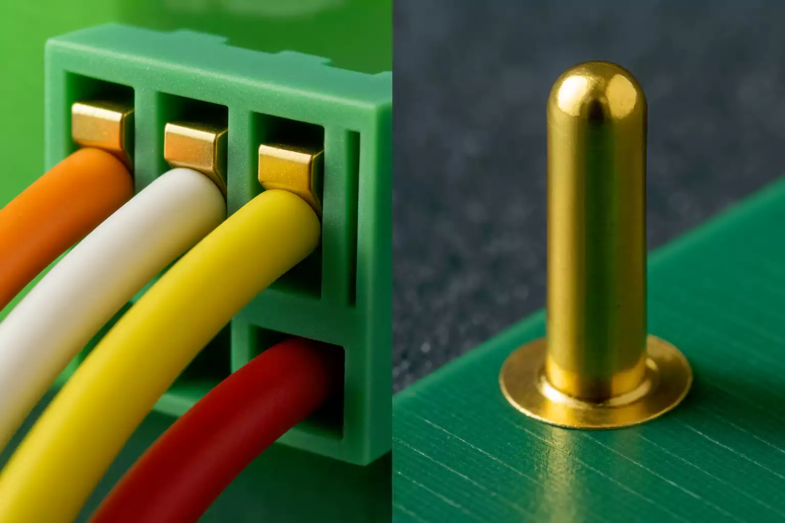 Close-up of wire-to-board terminal block and gold spring-loaded pogo pin on PCB