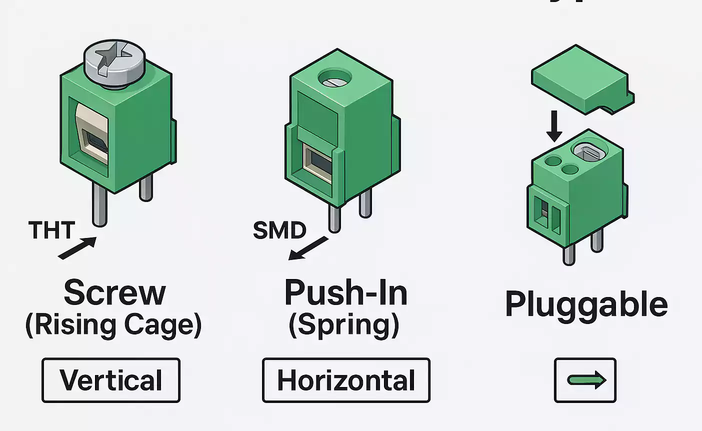 Three types of PCB screw terminals: screw, push-in, and pluggable