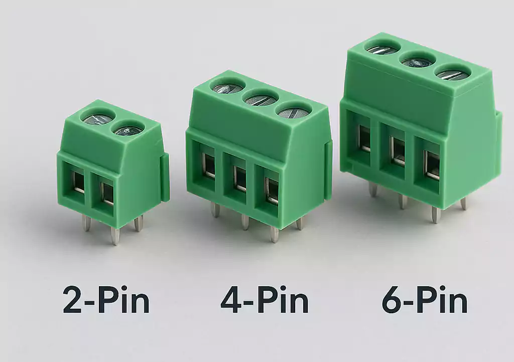 2-pin, 4-pin, and 6-pin green screw terminal blocks in a lineup