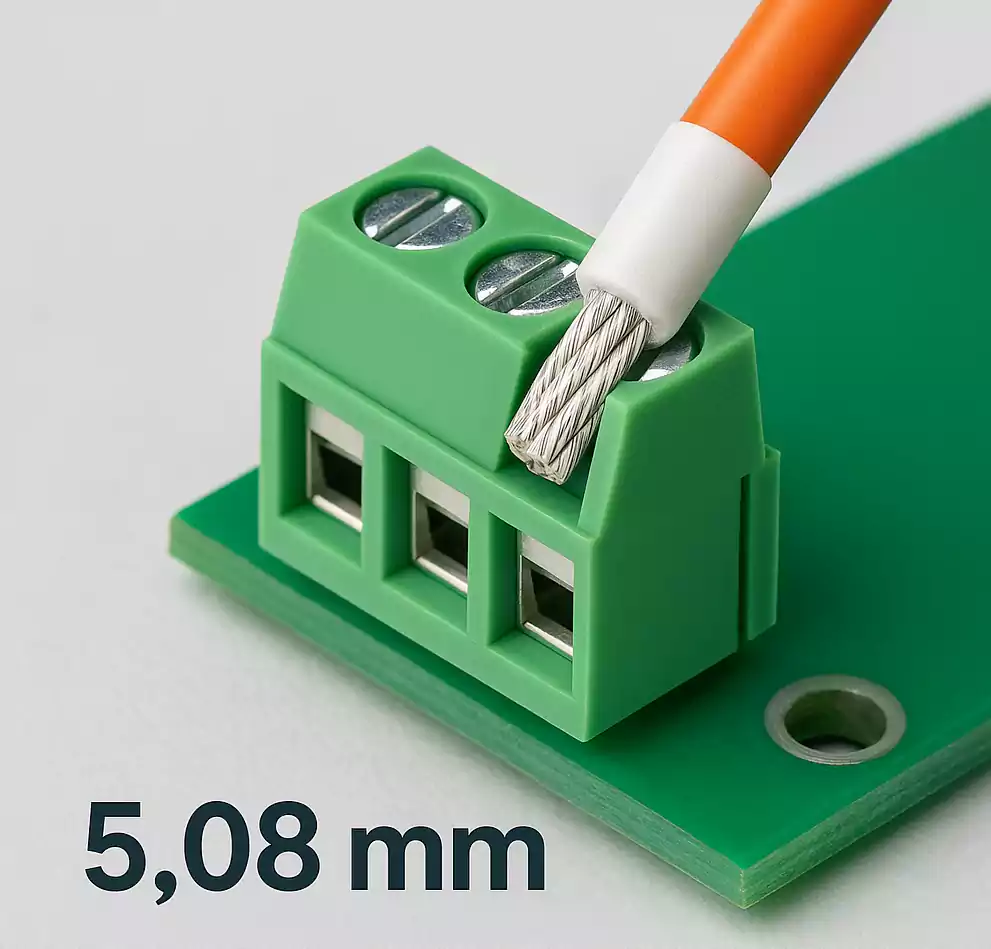 Stranded wire inserted into a 5.08 mm PCB terminal block
