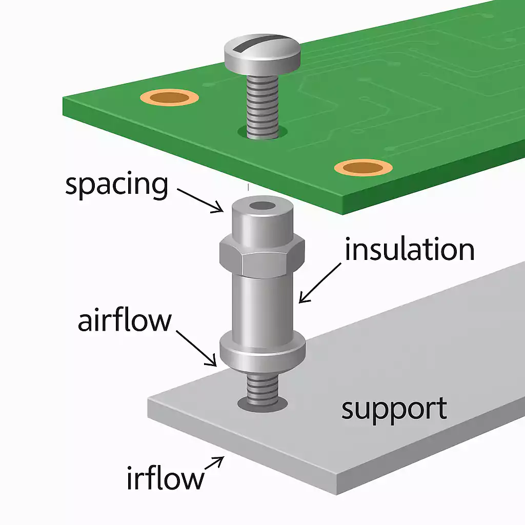 PCB standoff with screw showing spacing and support