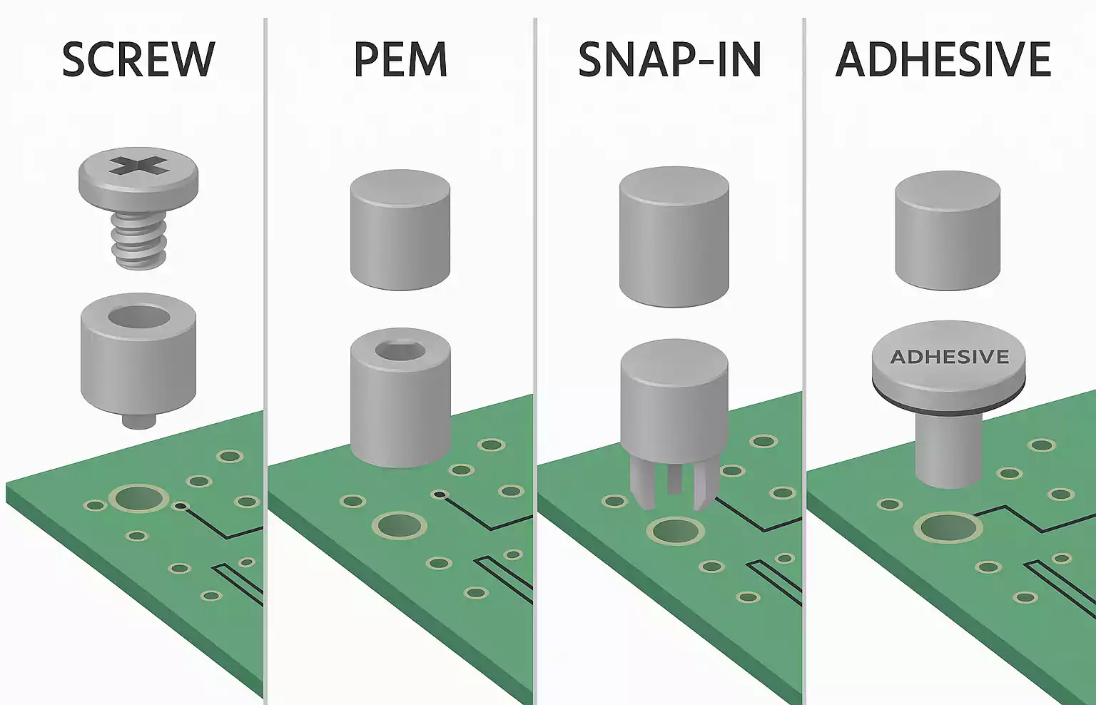 Installation types for PCB standoffs: screw, PEM, snap-in, adhesive