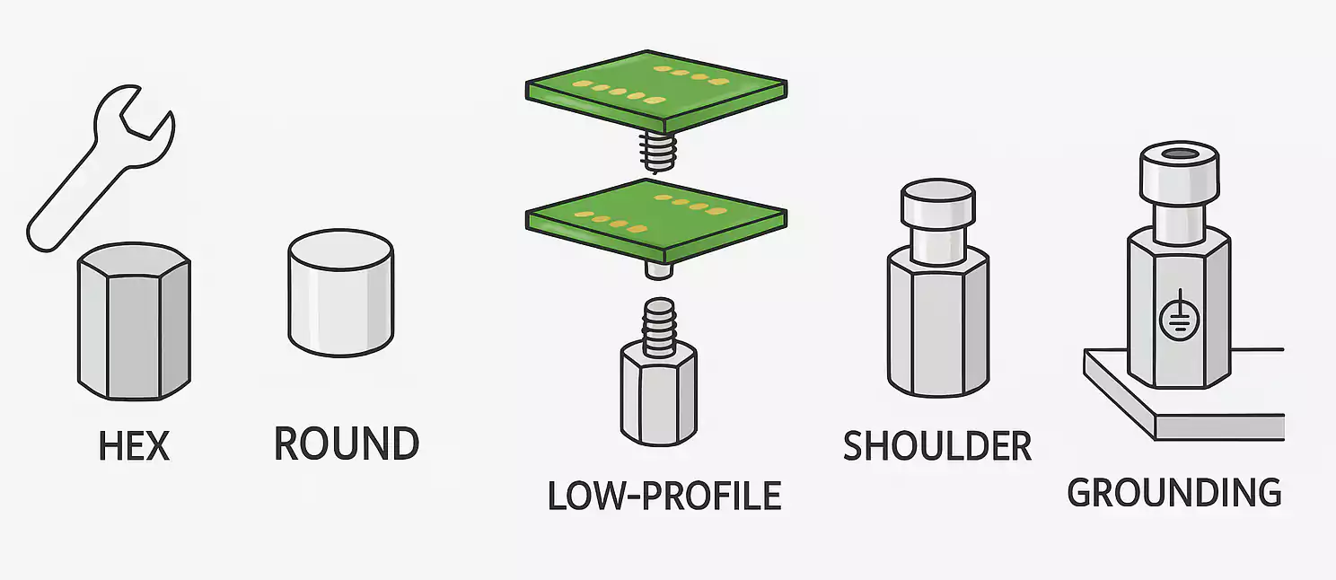 PCB standoff types: hex, round, low-profile, stackable, shoulder, grounding