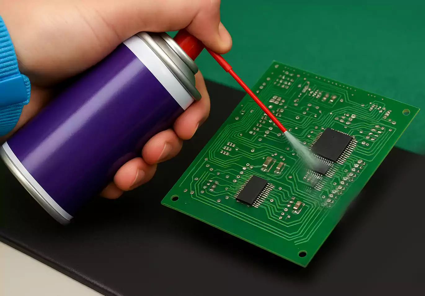 Spraying PCB cleaner at a low angle on a tilted circuit board