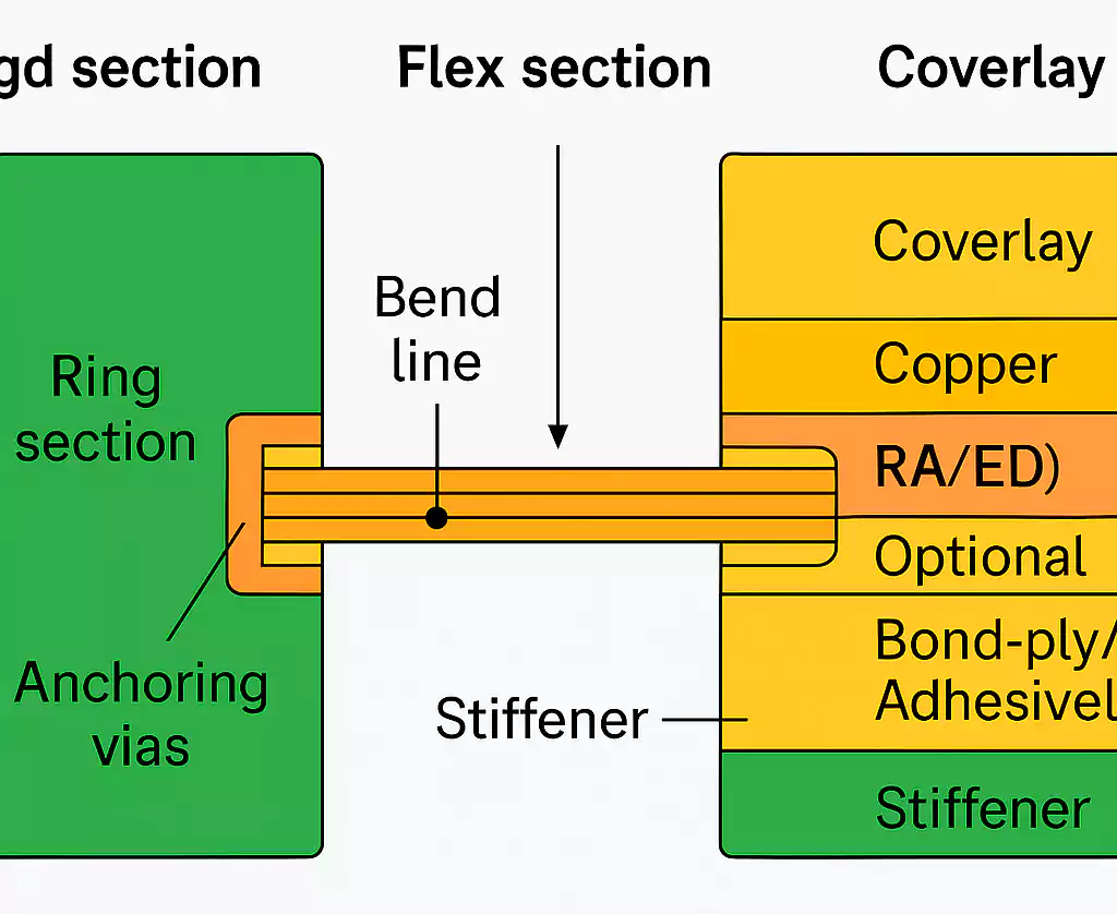 Rigid-flex PCB cross-section with flex layers, coverlay, and anchoring vias