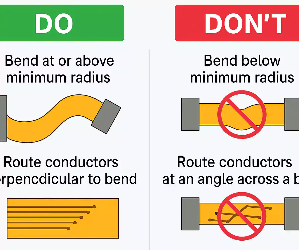 Do and don't rules for bend radius and trace routing in flex PCBs