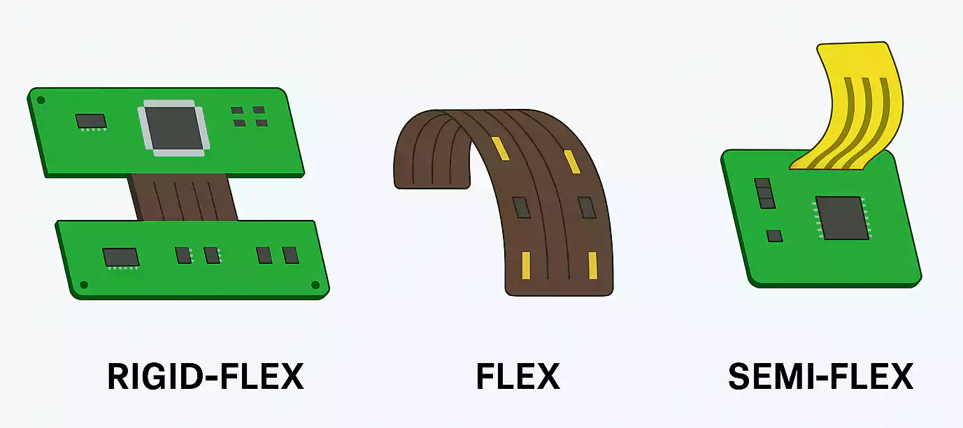 Visual comparison of rigid-flex, flex, and semi-flex PCBs
