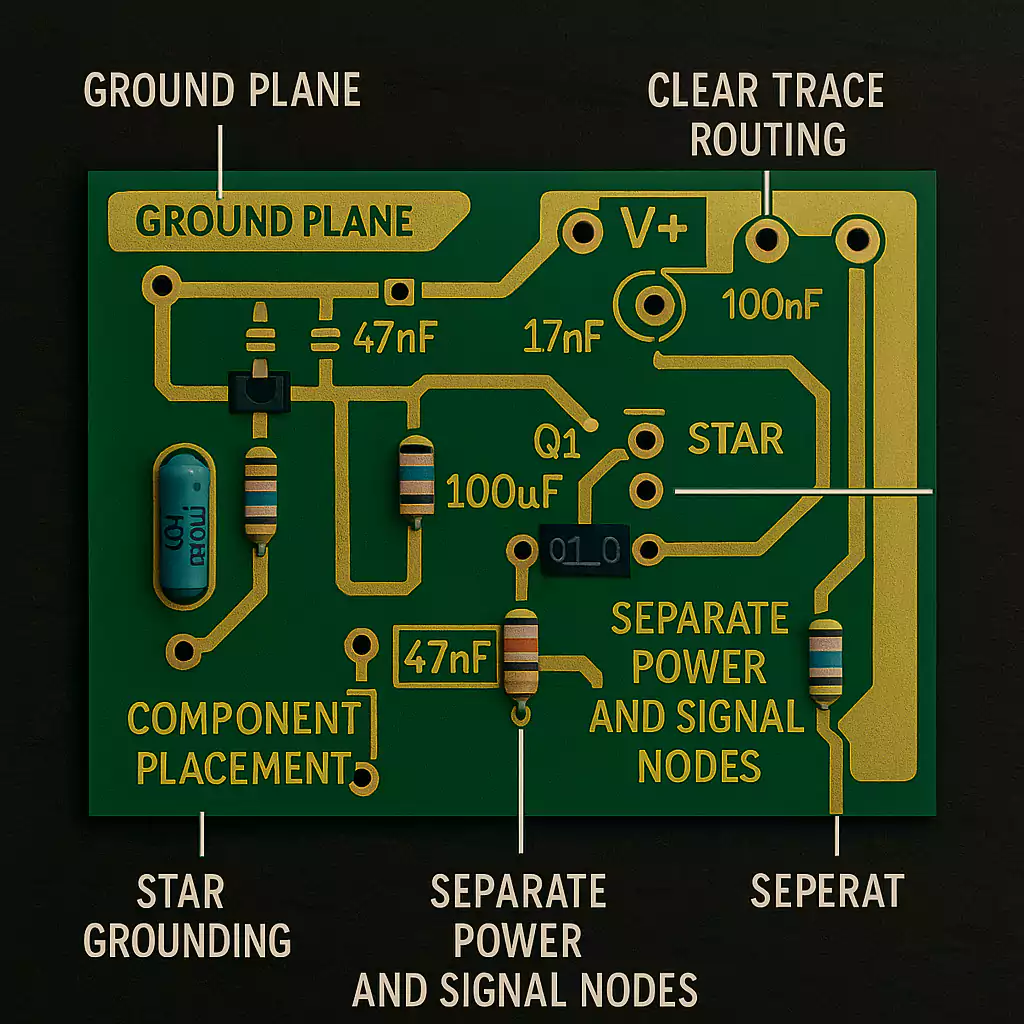 Labeled fuzz pedal PCB layout showing grounding and routing tips