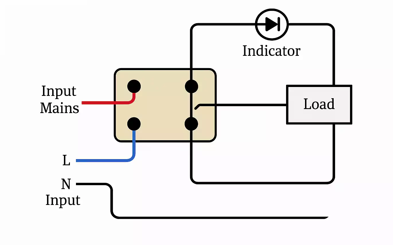 DPST PCB wiring example with load and indicator LED