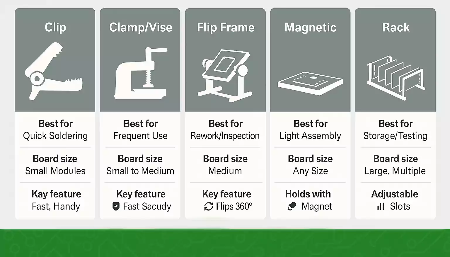 Comparison of five PCB holder types: clip, clamp, flip frame, magnetic, and rack