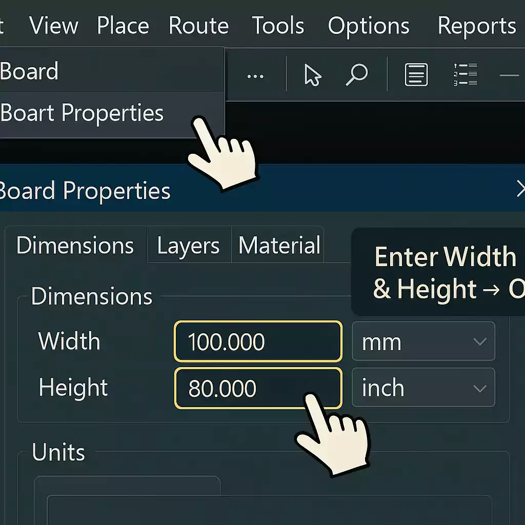Change PCB board size in Ultiboard using Board Properties input fields