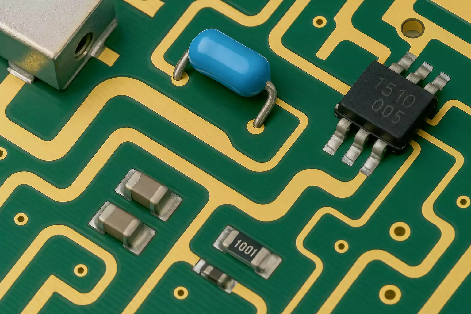 Close-up of an RF PCB showing gold traces and mounted components.