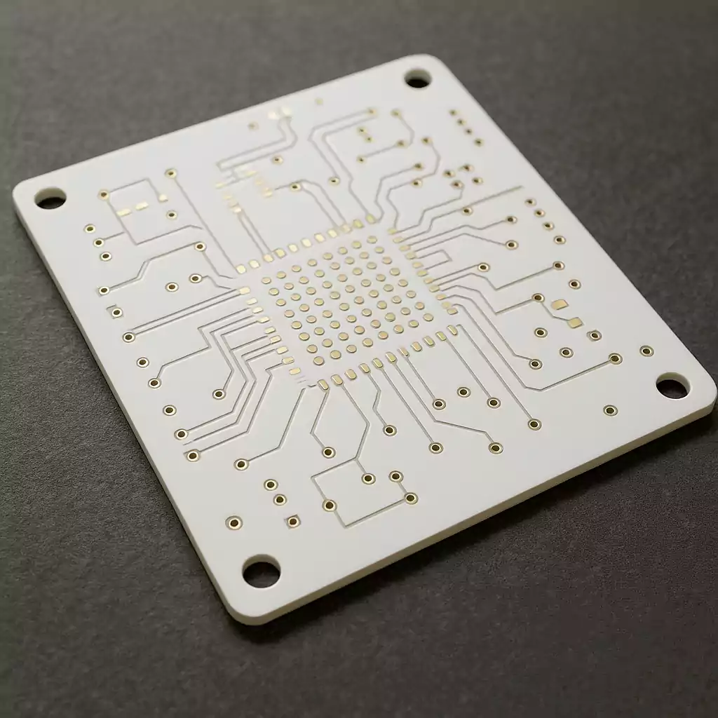 White PTFE-based high-frequency PCB with gold pads and fine routing.”
