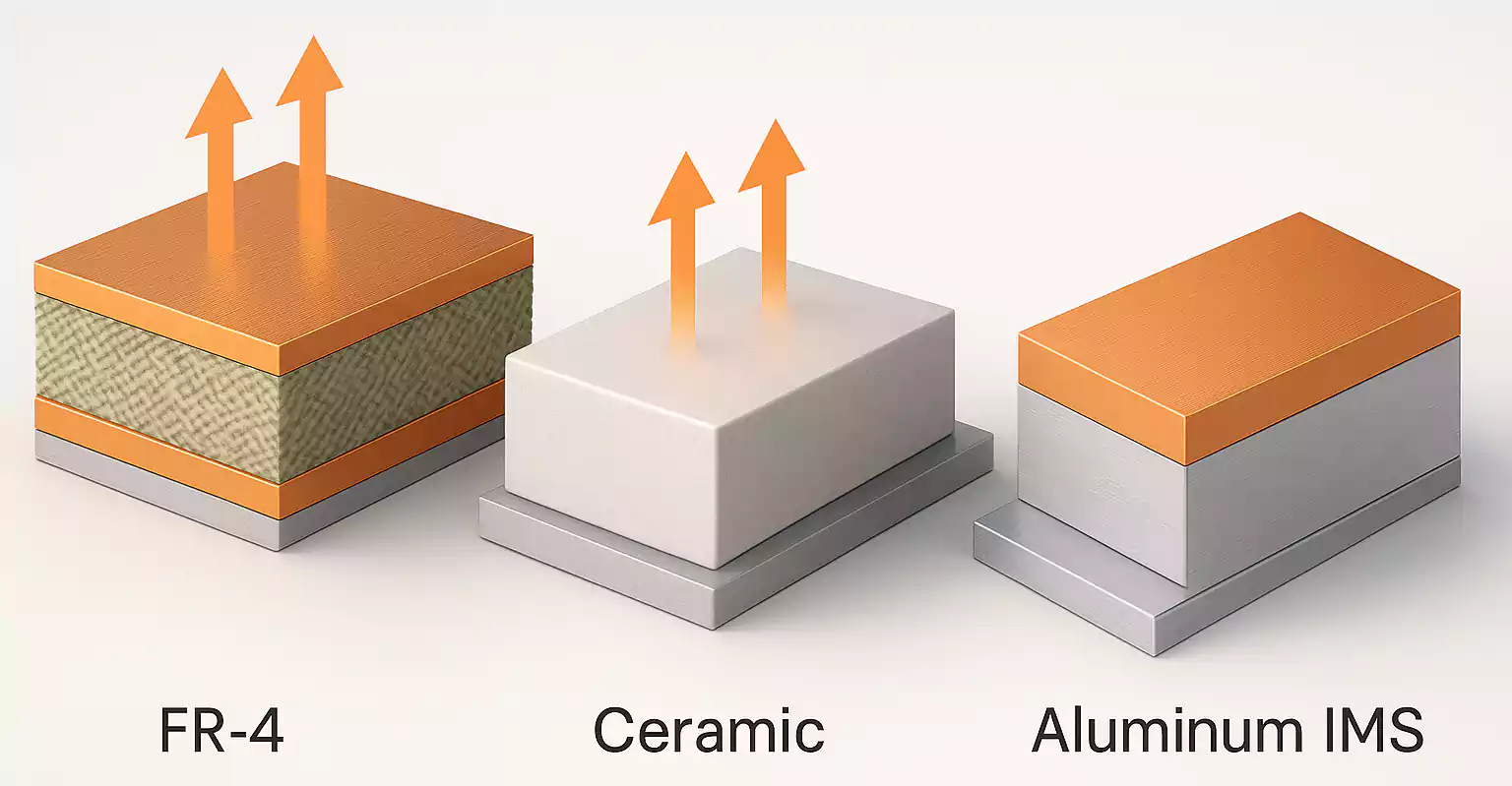 PCB board material comparison showing FR-4, ceramic, and aluminum IMS stack-ups with copper layers