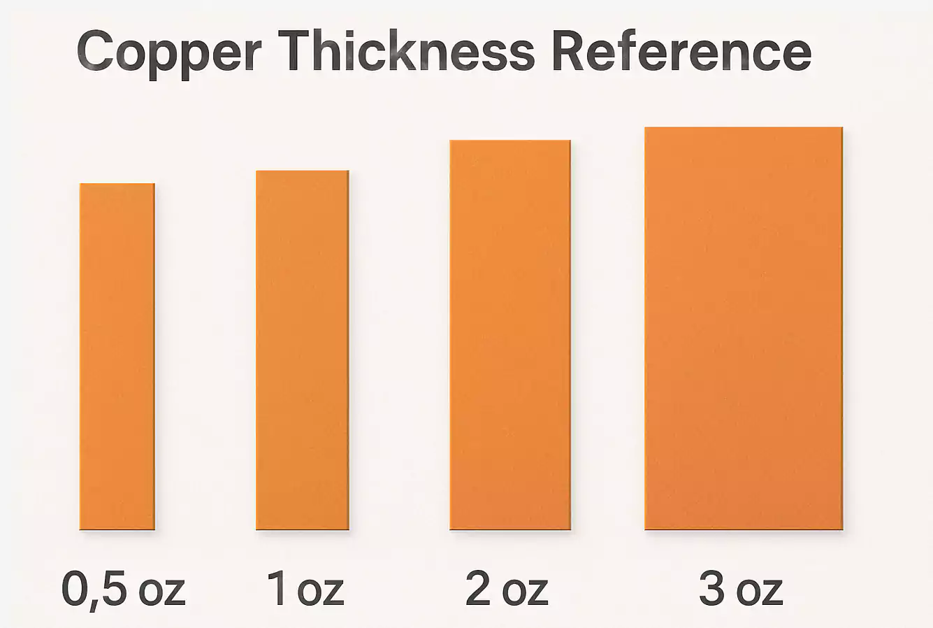 Visual comparison of 0.5 oz, 1 oz, 2 oz, and 3 oz copper thicknesses