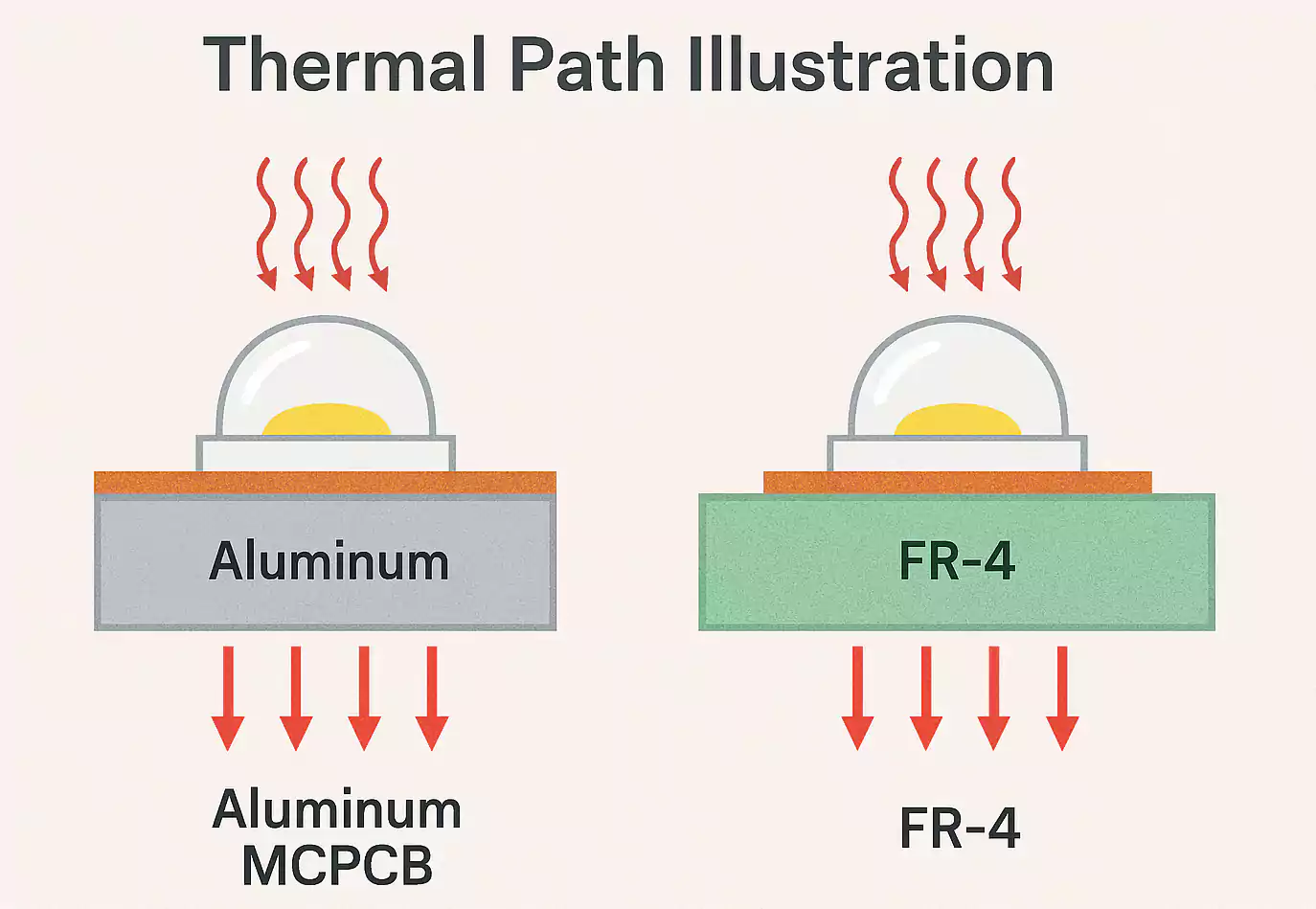 Thermal path comparison for LED on aluminum MCPCB versus FR-4