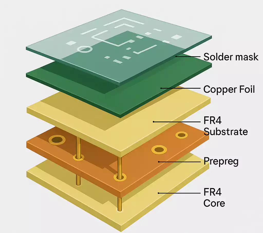 Exploded view of FR4 PCB showing solder mask, copper foil, prepreg, and core layers