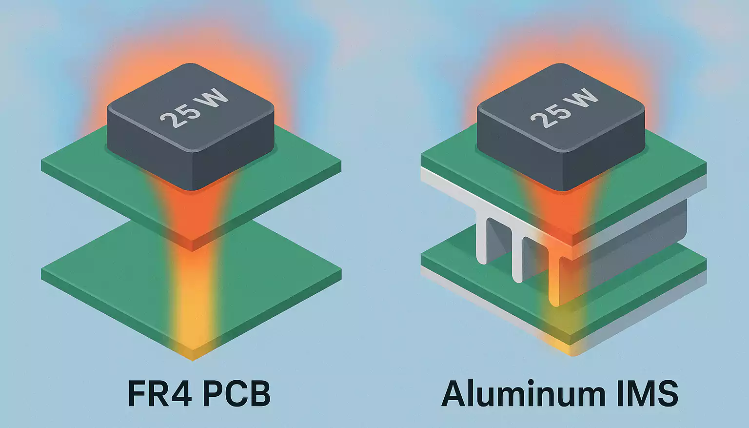 Thermal performance comparison of FR4 PCB and Aluminum IMS under 25W load