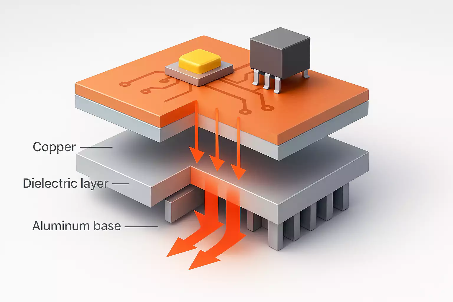 3D cutaway of MCPCB showing copper layer, dielectric, aluminum base, and heat flow to heatsink