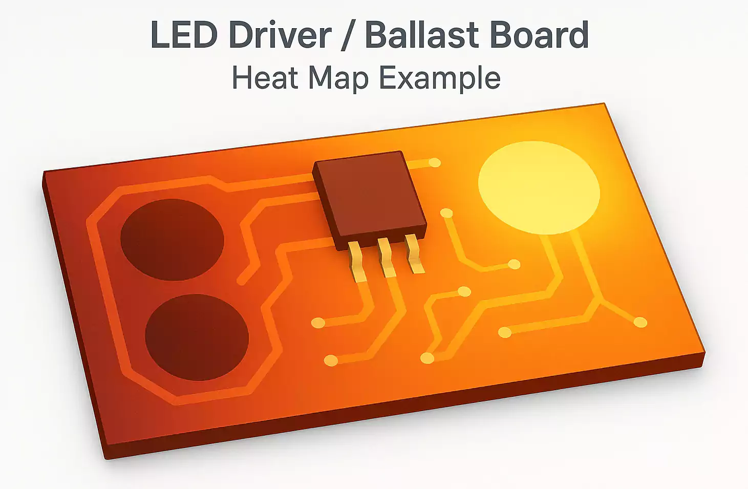 Top view heat map of an aluminum PCB for an LED driver/ballast highlighting hot zones.