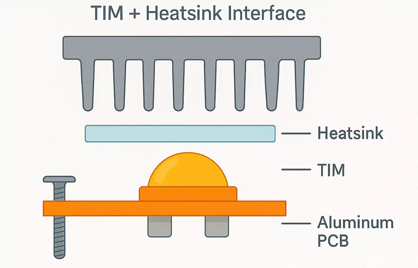 Layered diagram of heatsink–TIM–aluminum PCB stack with screw mounting