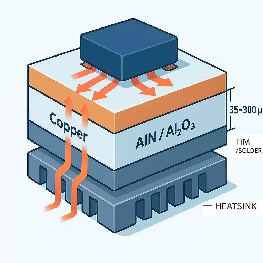 Ceramic PCB heat flow cutaway