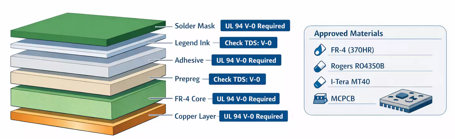 PCB layer stack (copper, FR-4 core, prepreg, adhesive, legend ink, solder mask) labeled UL 94 V-0 / Check TDS: V-0