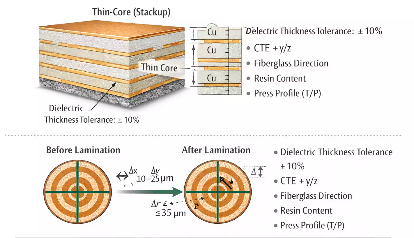 Thin-core PCB stackup with lamination registration shift and influencing factors
