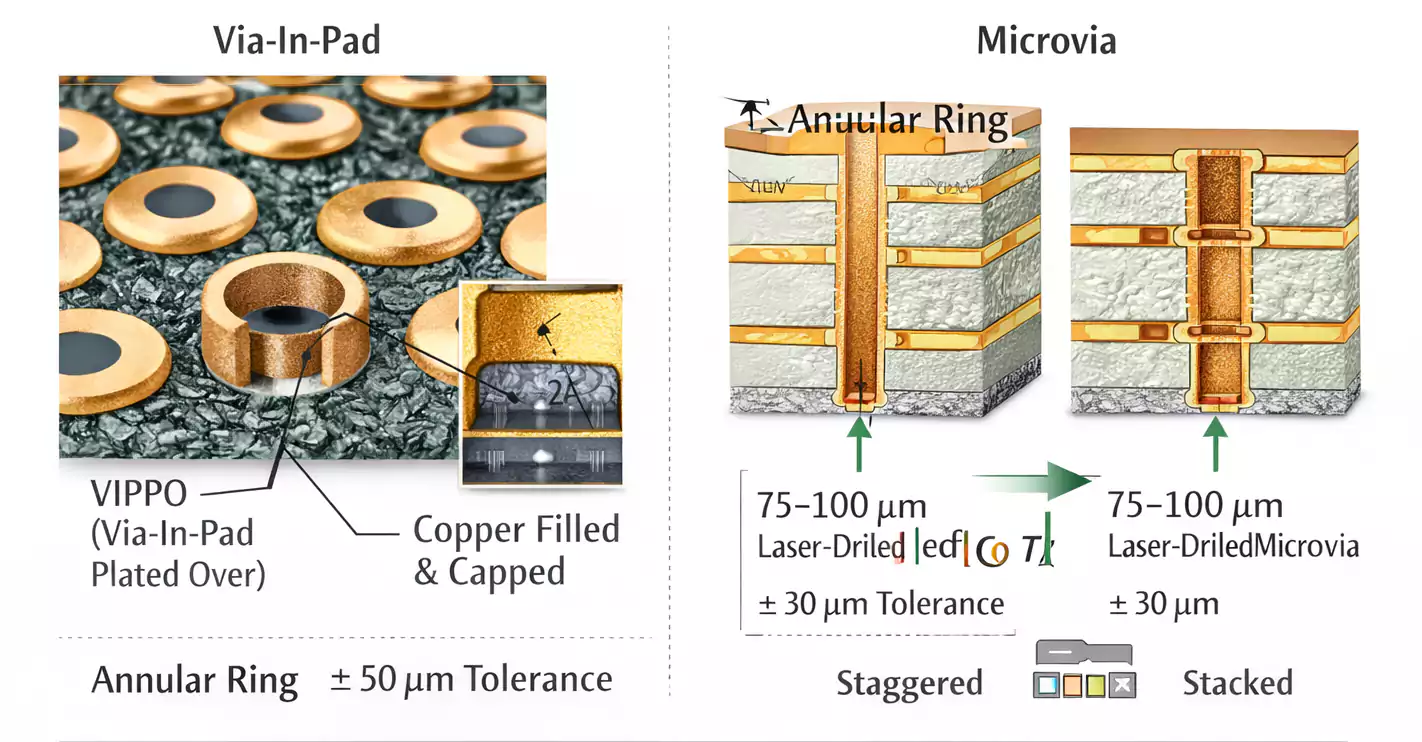 HDI microvia cross-sections and via-in-pad copper-filled pad close-up