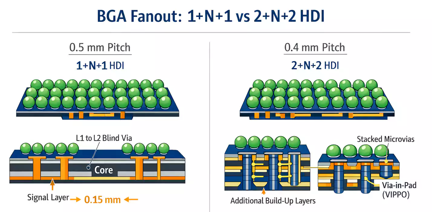 BGA fanout comparison for 0.5 mm and 0.4 mm pitch on 1+N+1 and 2+N+2 HDI