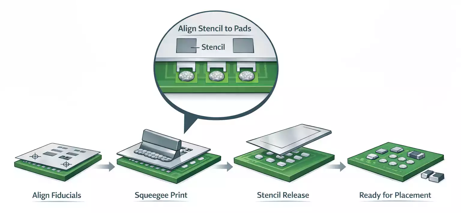 Step-by-step SMT solder paste printing process: align stencil, squeegee print, stencil release, ready for placement