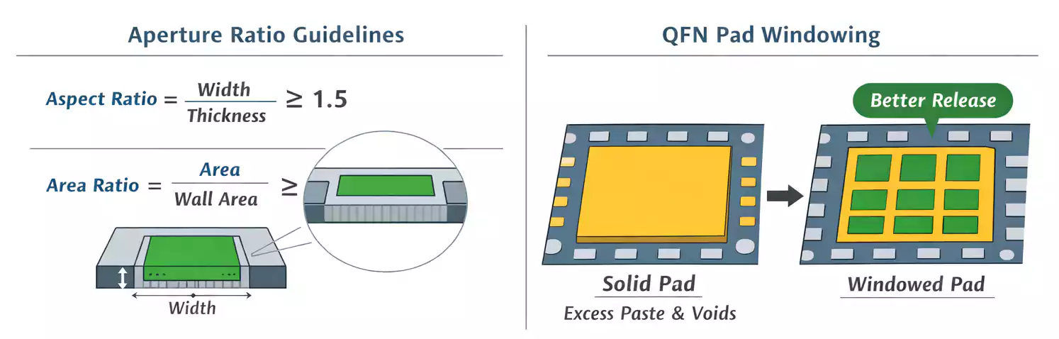 PCB stencil aperture ratio guidelines and QFN pad windowing to improve solder paste release and reduce voids