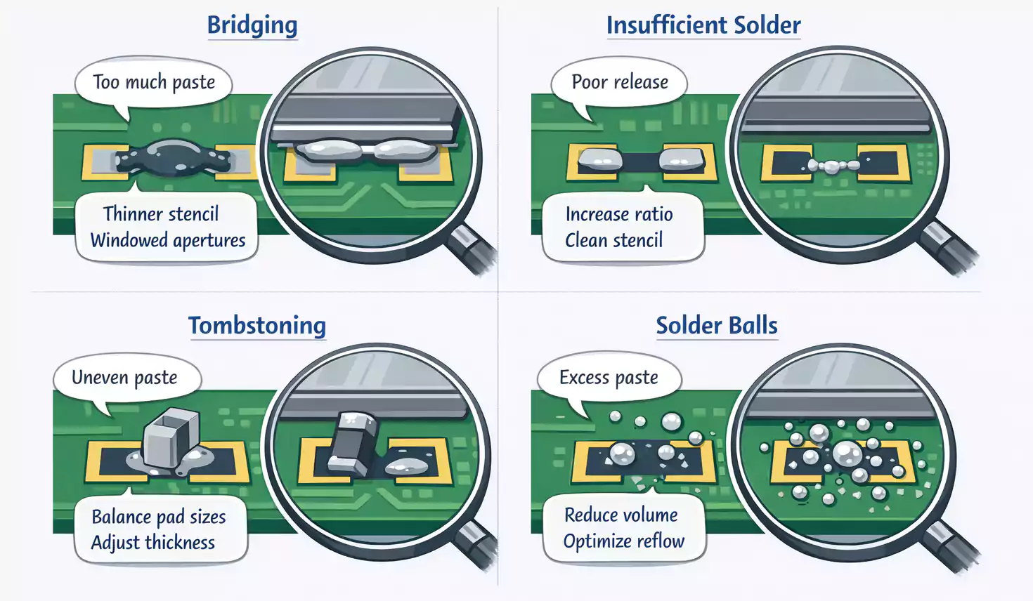 Common PCB stencil printing defects and fixes including bridging, insufficient solder, tombstoning, and solder balls