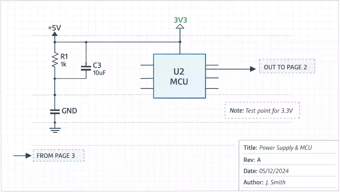 PCB schematic diagram with title block, MCU, resistor, and labeled connections