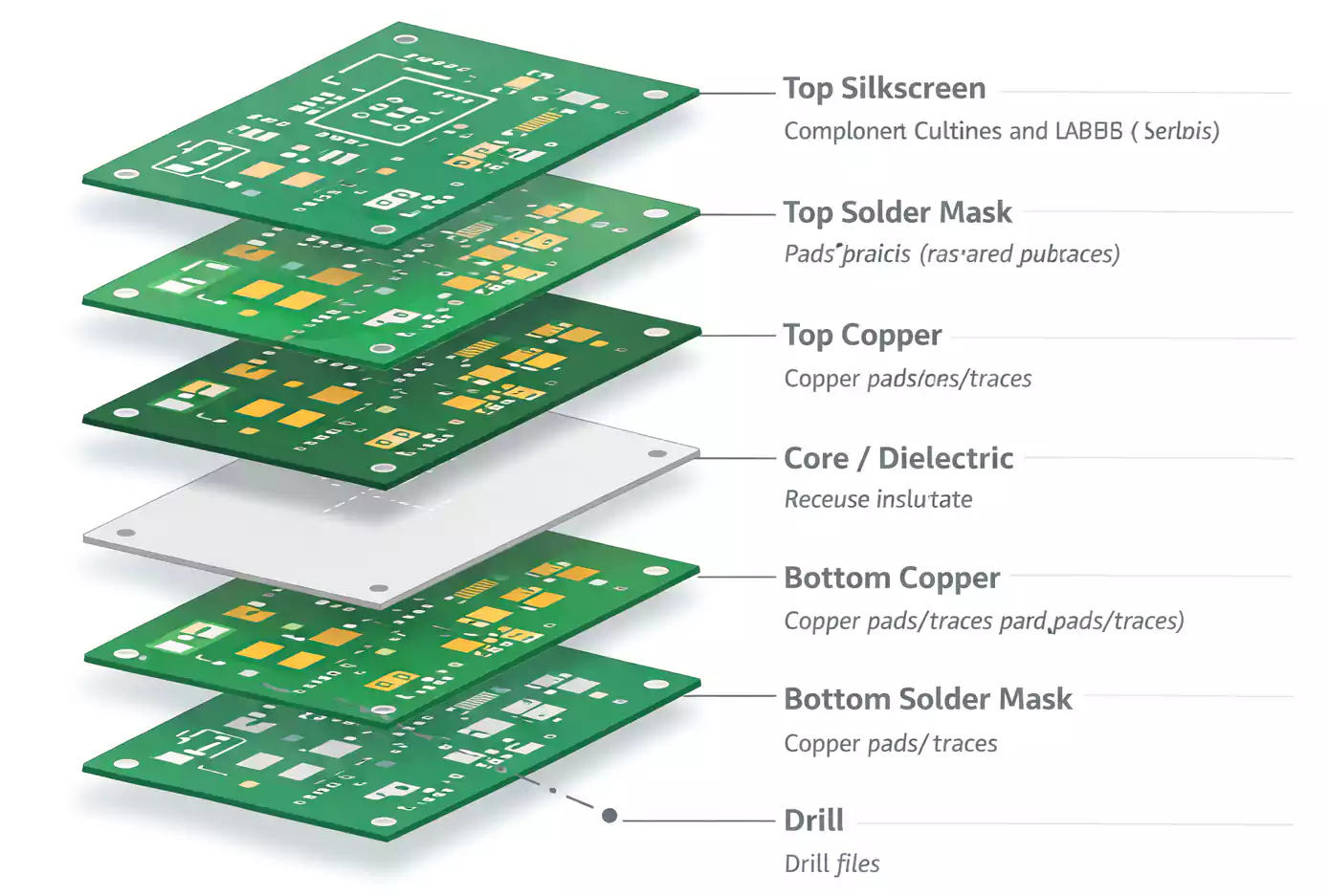 Exploded view of PCB Gerber layers including copper, solder mask, silkscreen, and drill