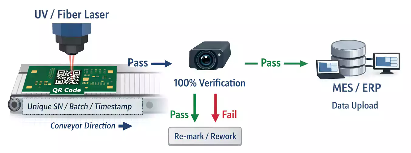 QR Code PCB laser marking workflow with inline verification to MES