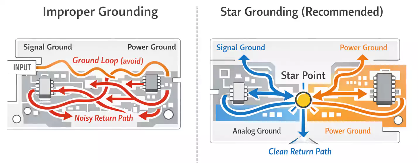 Star grounding vs ground loop on an Amplifier PCB Circuit